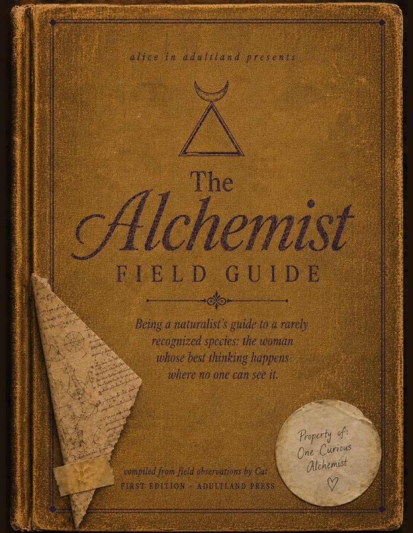The Alchemist Field Guide, a worn brown leather book with a gold alchemical seal and a label reading Property of One Curious Alchemist