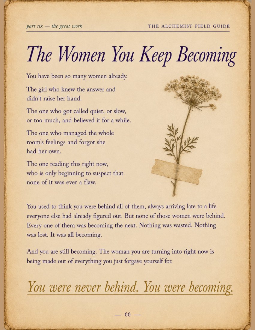 The Women You Keep Becoming, a page with a pressed flower specimen