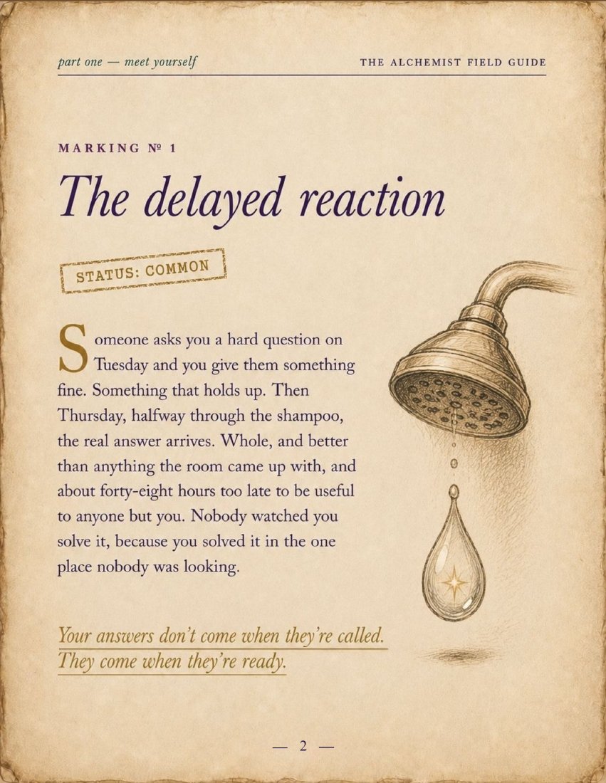 Illustrated page titled The Delayed Reaction, with a shower dripping one golden drop