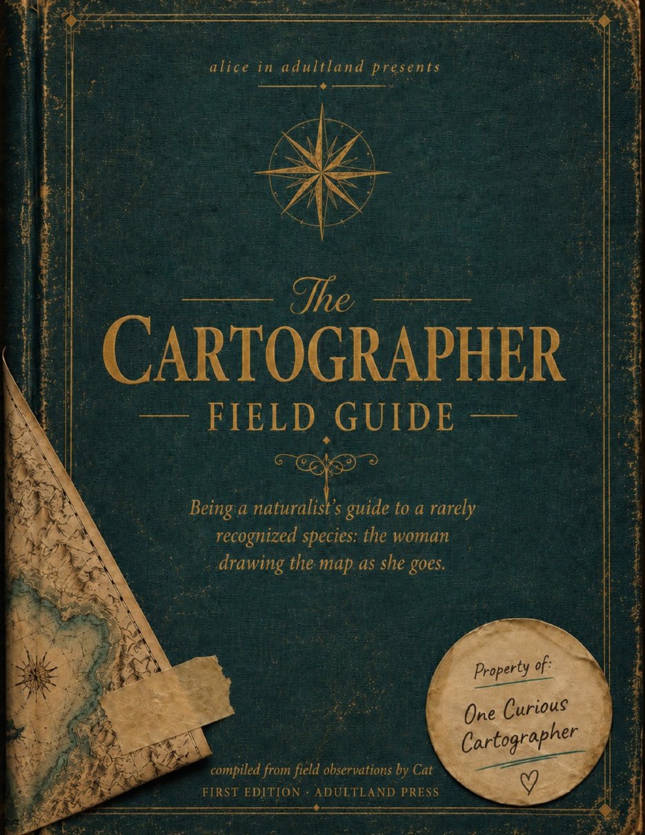 The Cartographer Field Guide, a dark clothbound book with gold lettering, a compass rose, and an antique map