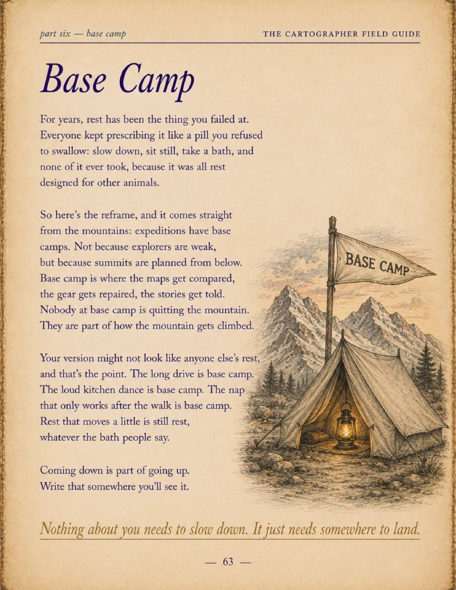 Base Camp page with an illustrated campsite at dusk