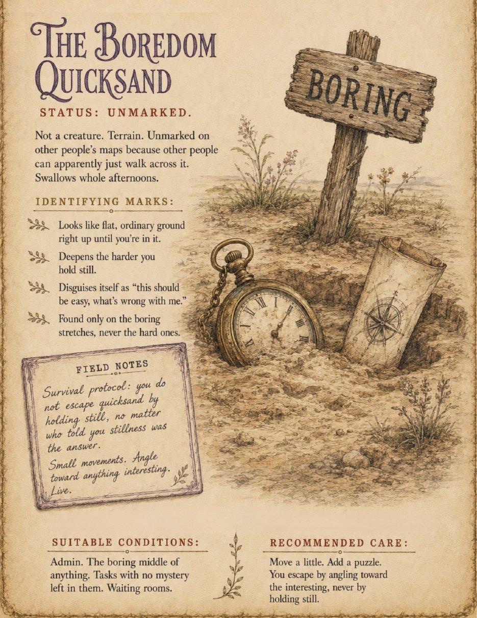 The Boredom Quicksand specimen plate with a sinking pocket watch