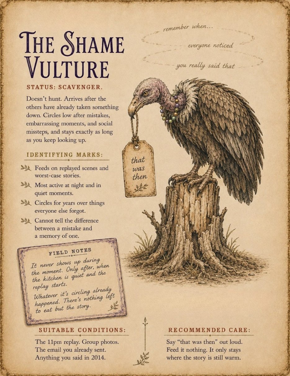 The Shame Vulture specimen plate with its hanging tag